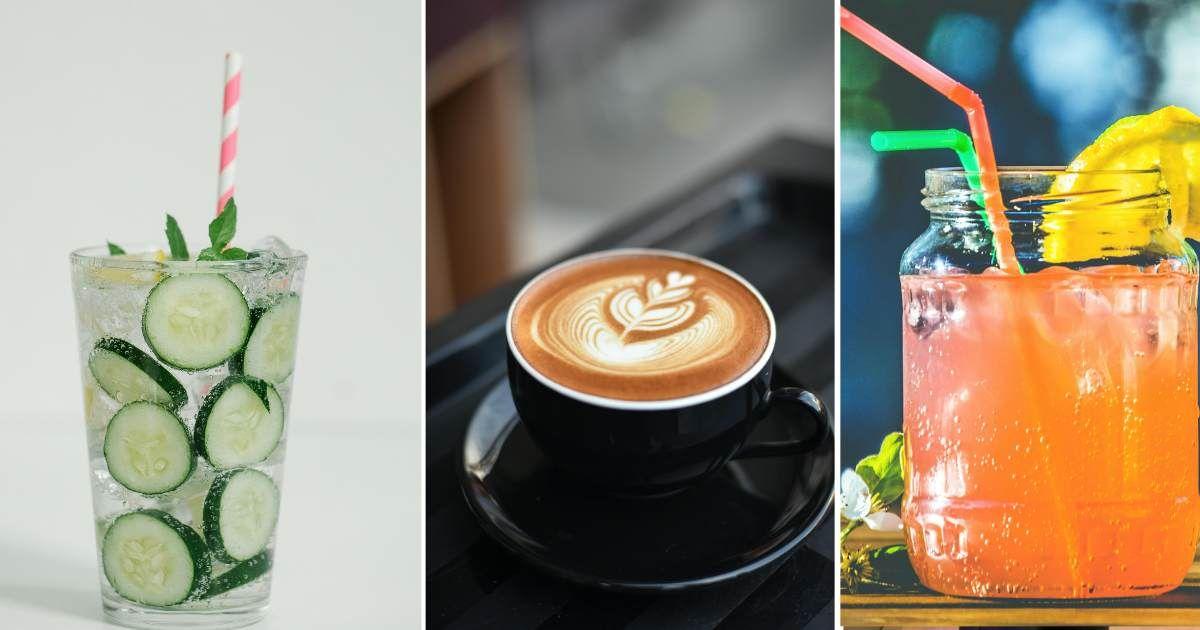 (L) A glass of cucumber water. (M) A cup of cappuccino. (R) A glass of orange juice. (Representative Cover Image Source: Pexels | (L) Timur Weber, (M) Chevanon Photography, (R) Lisa Fotios)