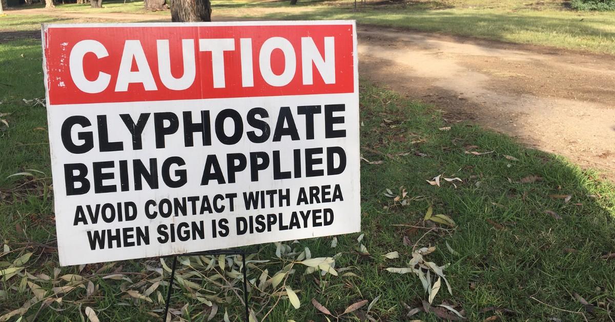 A sign displayed outdoors ahead of herbicide application that says, "Caution glyphosate being applied avoid contact with area when sign displayed" 