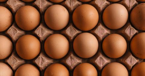 Overhead shot of a carton of brown eggs