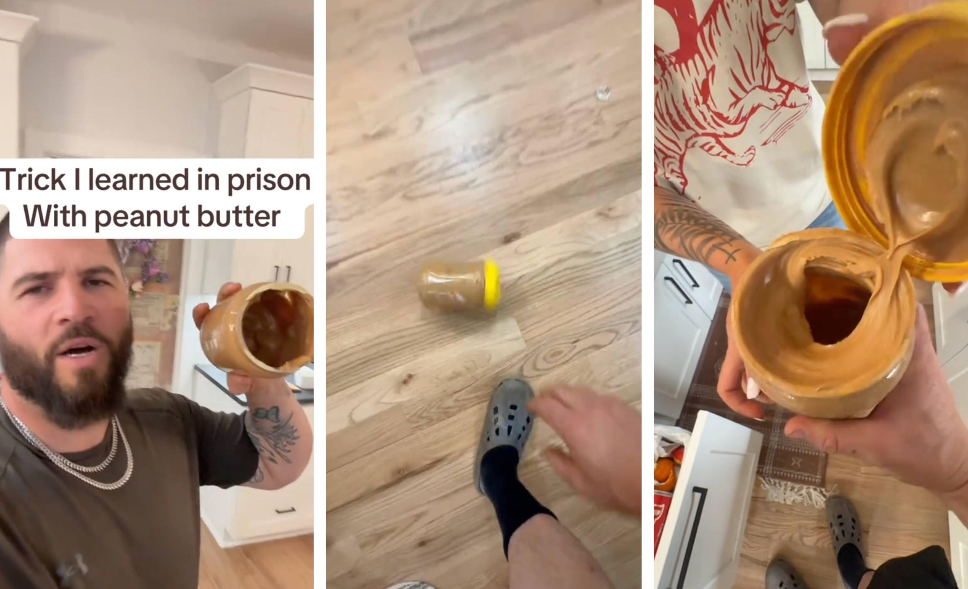 Three screenshots from TikTok user upcharge101 depict a jar of peanut butter.