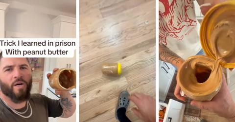 Three screenshots from TikTok user upcharge101 depict a jar of peanut butter.