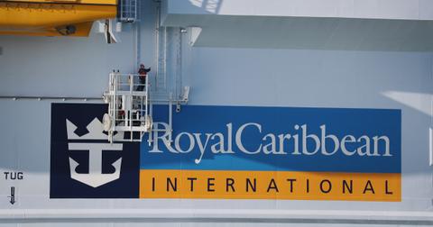 Royal Caribbean International logo on the side of a ship.