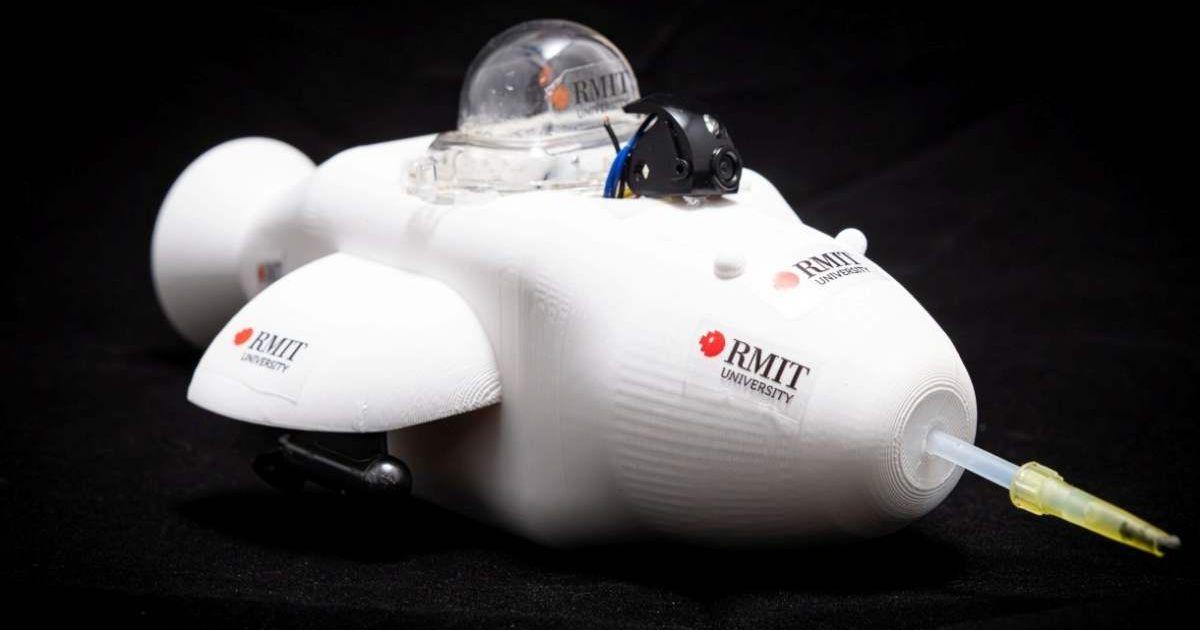 The RMIT‑designed Electronic Dolphin minibot, fitted with a front‑mounted filter and pump system for skimming oil from water surfaces. (Cover Image Source: Peter Clarke | RMIT University)
