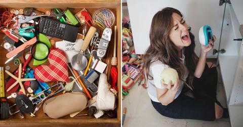 (L) A messy wooden drawer filled with miscellaneous items. (R) Woman gets frustrated by cleaning the shelves. (Representative Cover Image Source: Getty Images | (L) John Rob, (R) S Benitez)