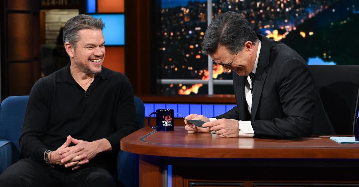 Matt Damon and Stephen Colbert talk onstage during 'The Late Show With Stephen Colbert' on April 1, 2024.