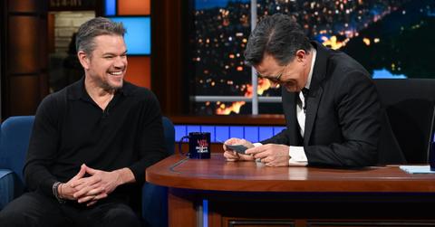 Matt Damon and Stephen Colbert talk onstage during 'The Late Show With Stephen Colbert' on April 1, 2024.