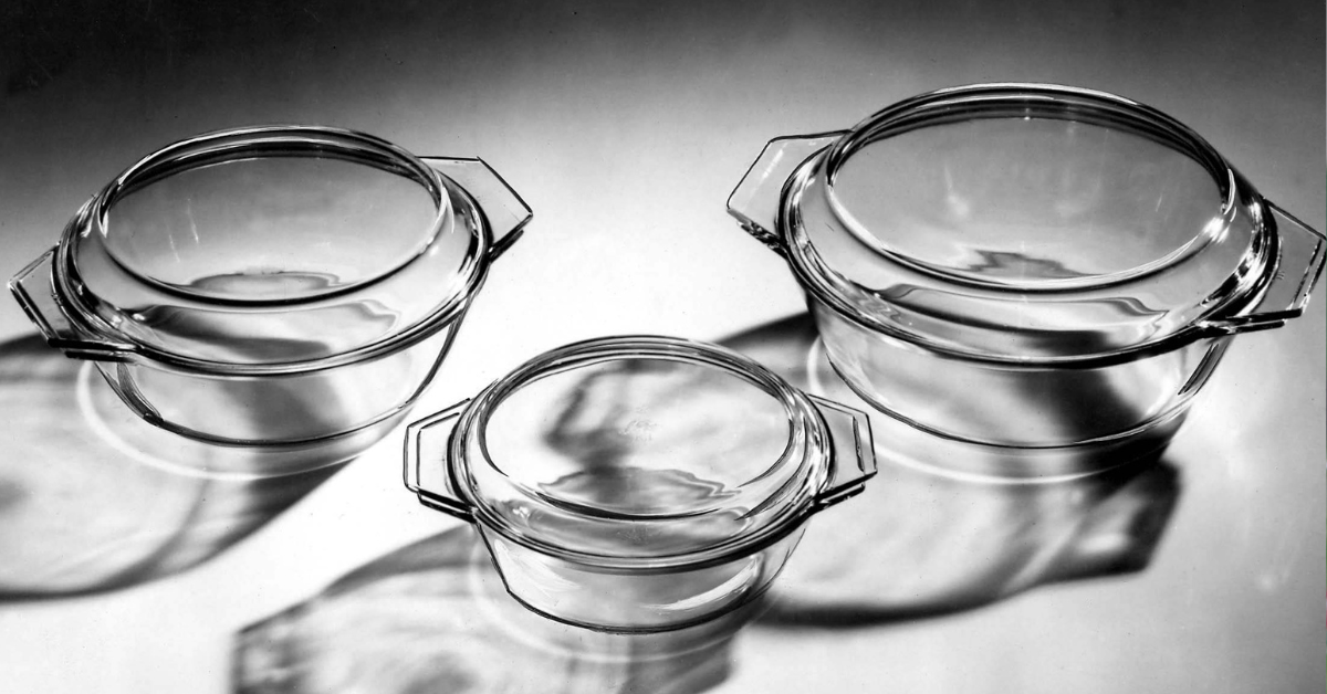 Pyrex dishes sitting in their own shadows