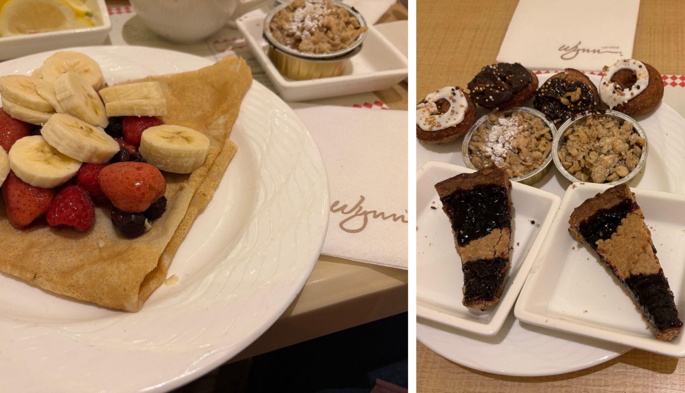 Two pictures depict vegan berry crepes on the left and a vegan donuts and pies on the right.