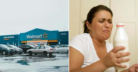 (L) Distant shot of Walmart superstore, (R) A woman disgusted by a bottle of milk (Representative Cover Image Source: Pexels | (L) Erik McLean, (R) Boom)