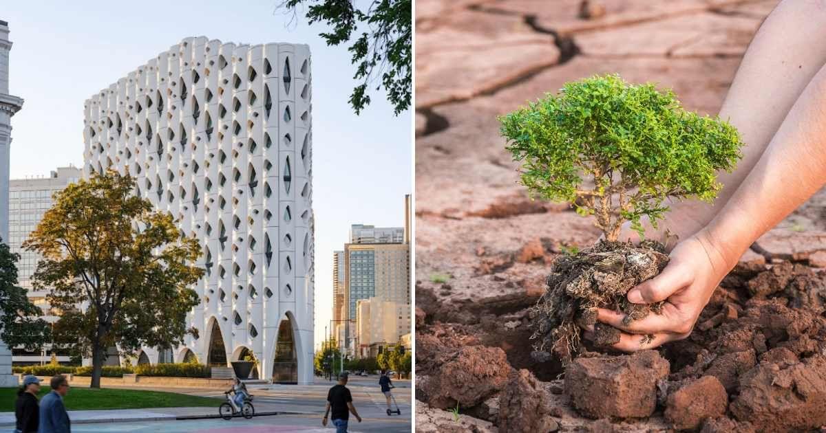 (L) People walking in front of the Populus Hotel, downtown Denver, Colorado. (Cover Image Source: Instagram | @populushotel_denver) | (R) A person planting a tree in an arid region. (Representative Cover Image Source: Getty Images | Oatfeelgood)