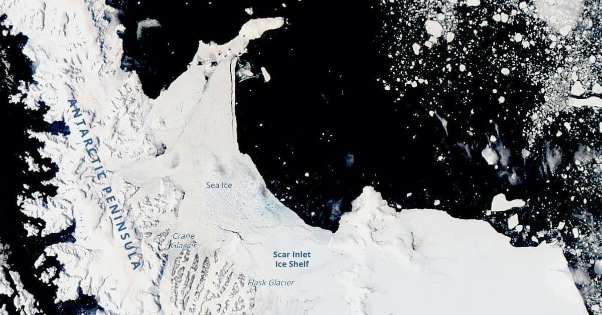 First image of the Larsen B Embayment still as a solid piece of sea ice on Jan. 16, 2022 