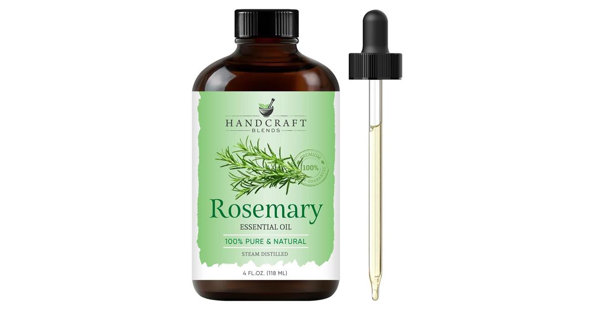 Handcraft Blends rosemary oil in green bottle with dropper beside it.