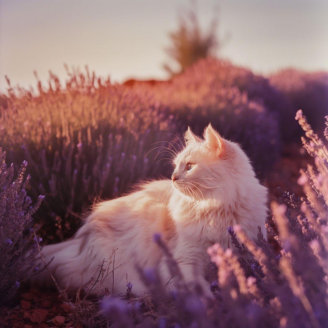 A cat is depicted laying in a field of lavender plants.