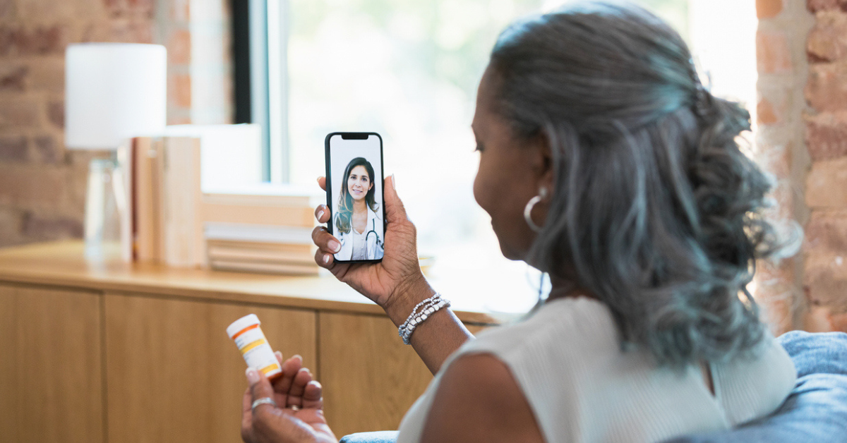 A woman tries to refill her prescription during a telehealth call with her doctor