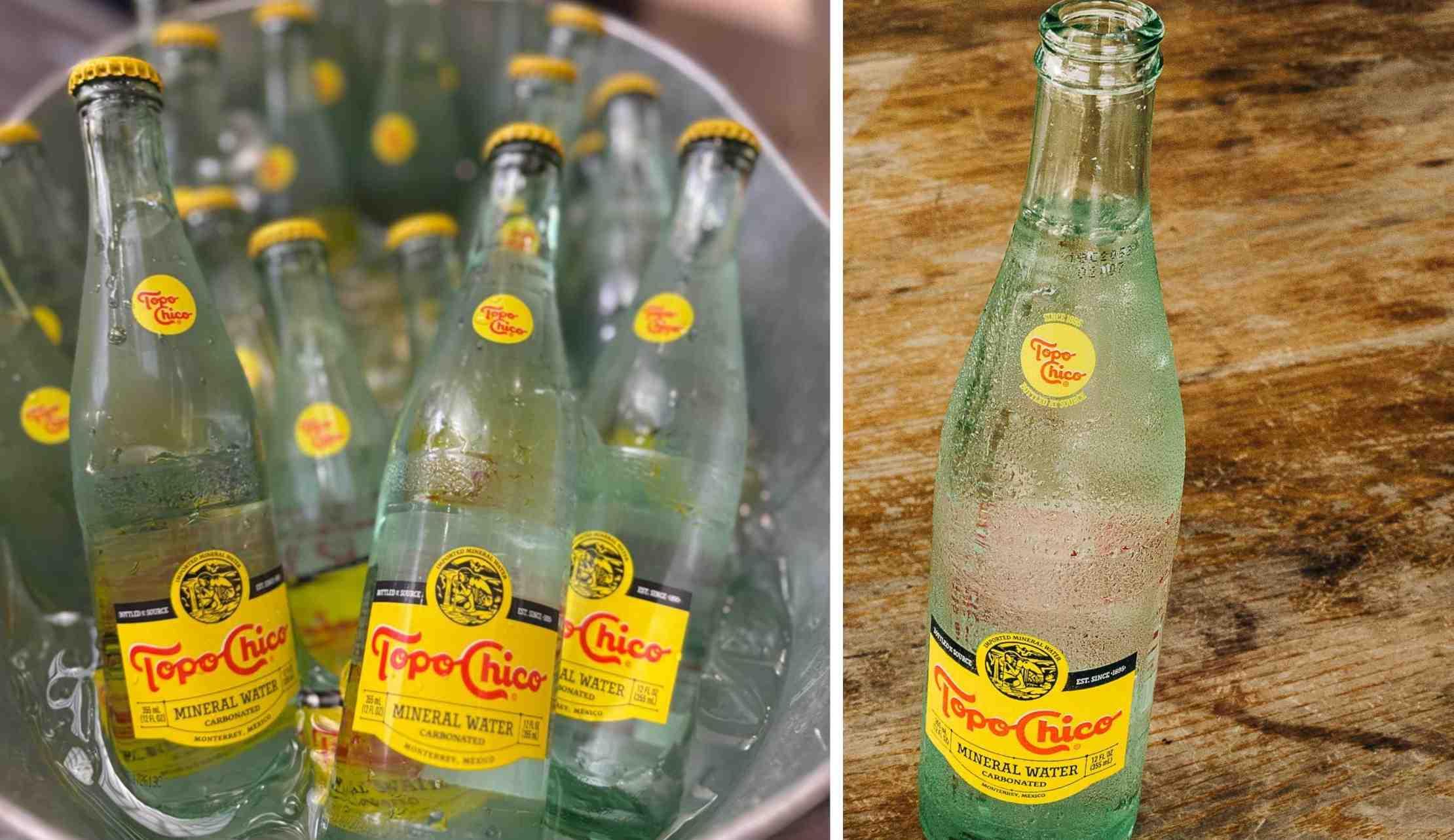 Two pictures of Topo Chico bottled mineral water appear on tabletops.