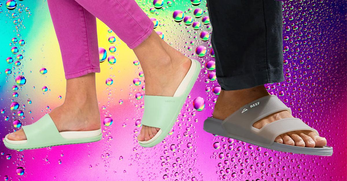 a woman and man wearing waterproof slides against a water droplet background