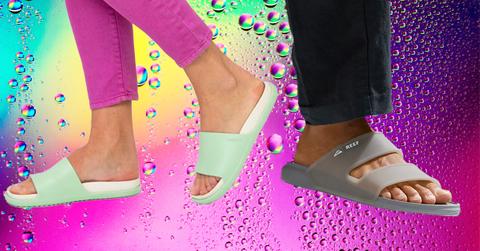 a woman and man wearing waterproof slides against a water droplet background