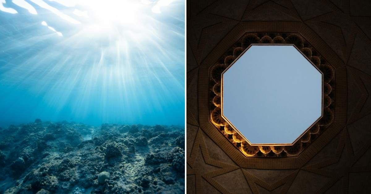 (L) Seafloor lit by sunlight piercing through the ocean water. (R) A hexagonal structure on a ceiling. (Representative Cover Image Source: Pexels | (L) Jeremy Bishop, (R) Amirabbas Rahbar 
Moda)