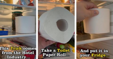Three screenshots of a video showing a toilet paper roll in a fridge