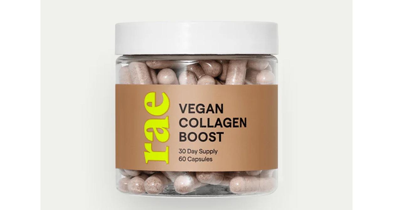 Rae Vegan Collagen Boost Capsules in a clear jar with a white cap.