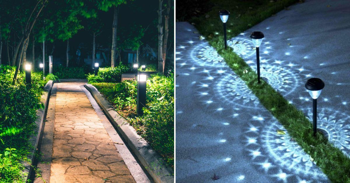 (L) A driveway with lamp lights. (Representative Image Source: Getty Images | CHUNYIP WONG); (R) Walmart's solar-powered lights on sale. (Cover Image Source: Walmart)