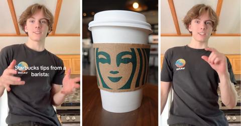 Screenshots of Starbucks barista TikTok video and a Starbucks cup.