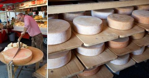 (L) An Austrian cheese shop owner slicing a wheel of cheese. (R) Rows of Swiss Alpine cheese stored. (Representative Cover Image Source: Getty Images | (L) Reed Kaestner, (R) Fotogaby)