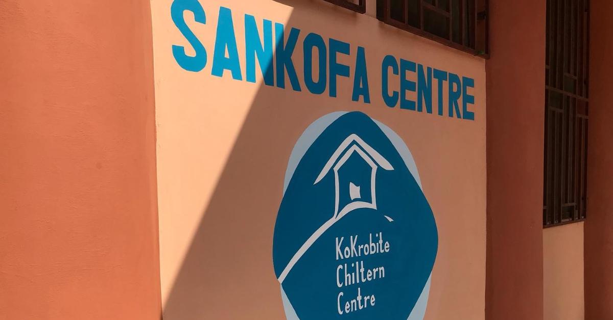 The sign outside Sankofa Centre, a library made with recycled plastic bottles. 