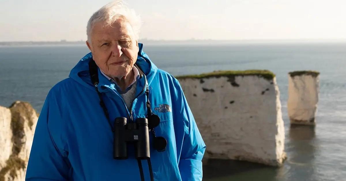 Sir David Attenborough stands in front of a body of water, wearing binoculars around his neck.