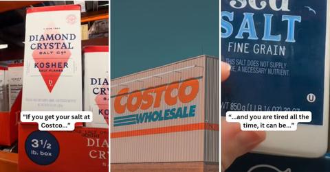 (L & R) A Costco customer who is a medical expert reveals the truth about Costco salts. (Cover Image Source: TikTok | @lactationhub) | (C) Costco logo on a store. (Representative Cover Image Source: Unsplash | Omar Abascal)