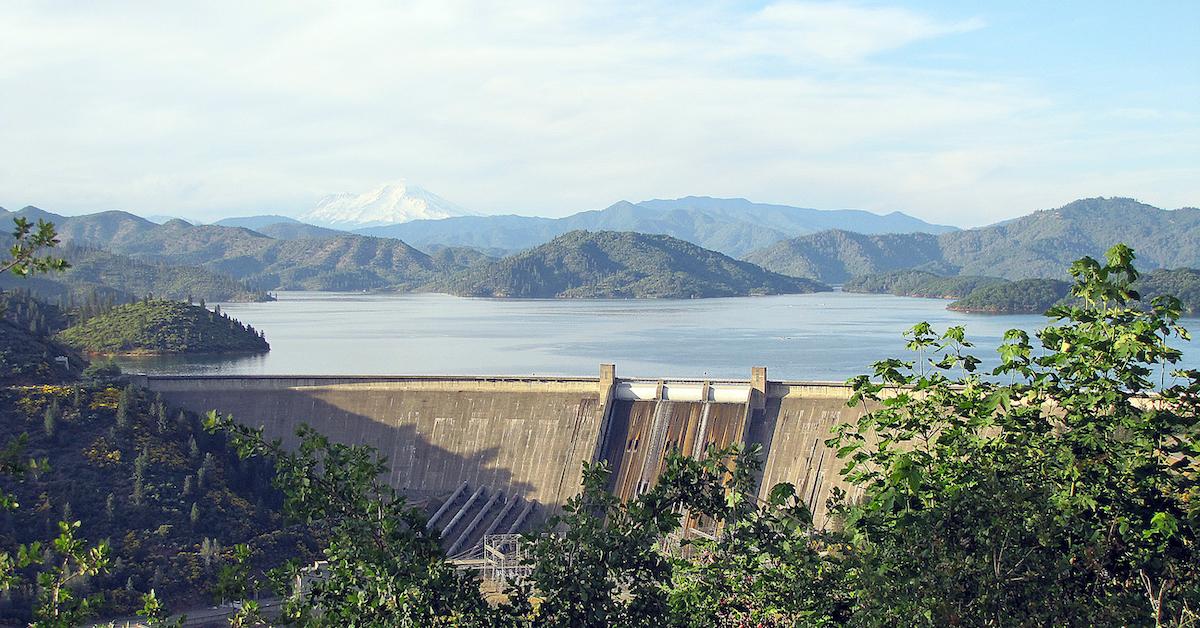 A view of Three Shasta's Shasta Dam at Shasta Lake, in California.