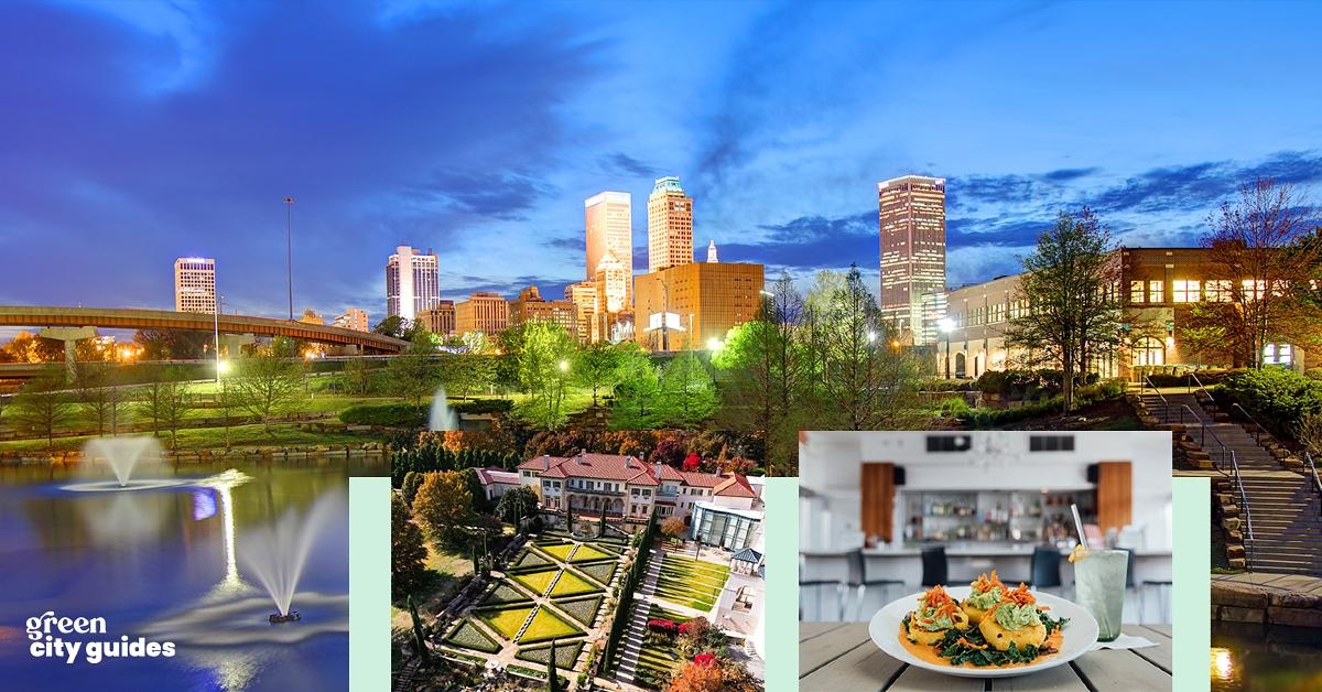 Photo of Tulsa, Okla., city skyline at night with two smaller images of the Philbrook Museum of Art and The Vault restaurant layered on top