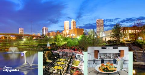 Photo of Tulsa, Okla., city skyline at night with two smaller images of the Philbrook Museum of Art and The Vault restaurant layered on top