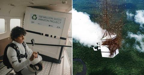 (L) Luigi Cani sitting in the airplane before the epic Amazon jump, (R) Luigi Cani scattering 100 million seeds over Amazon from a seedbox (Cover Image Source: Instagram | @luigicani)