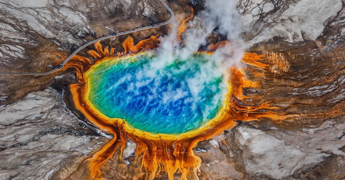 Aerial view of the Grand Prismatic Spring at Yellowstone National Park