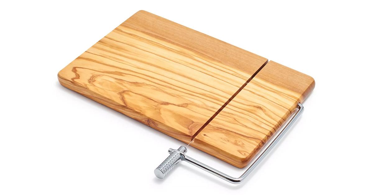 olive wood cutting board with built-in cheese slicer