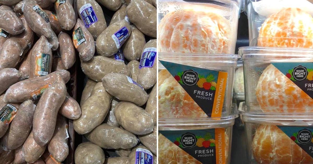 A photo of individually wrapped potatoes in a supermarket next to another image of four peeled oranges sit in their own plastic containers