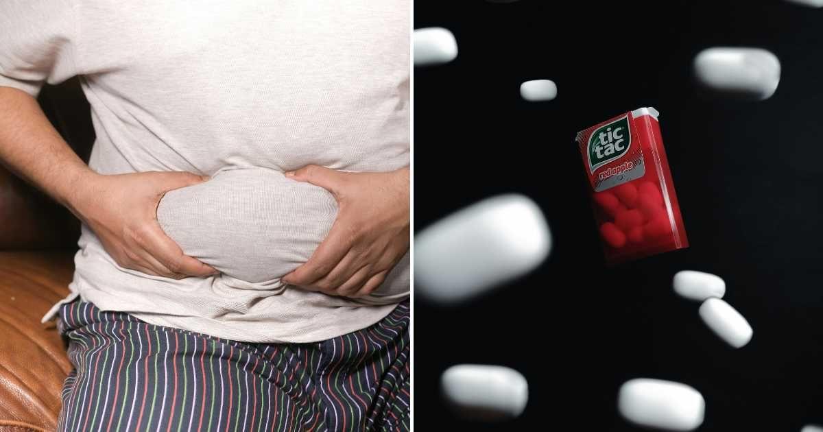 (L) An obese man holding his belly. (R) A box of Tic Tac with candies flying around. (Representative Cover Image Source: (L) Pexels | Towfiqu barbhuiya, (R) Unsplash | The Cazpian)