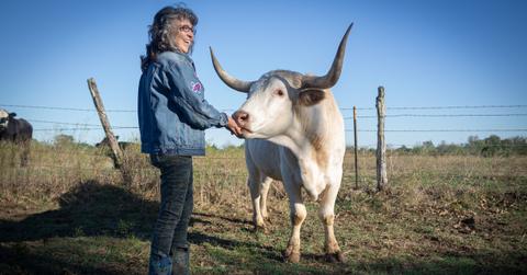 Renee King-Sonnen smiles while feeding a white cow outside.