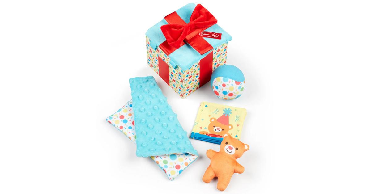 gift box with several soft baby toys