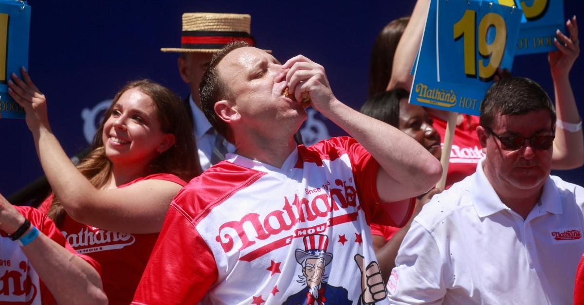 Joey Chestnut eats Nathans Famous hot dogs during July 4, 2022 contest