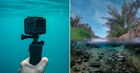 (L) A person holding a GoPro underwater. (R) Pristine River flows between the rocks and crevices. (Representative Cover Image Source: Pexels | (L) Oliver Sjöström, (R) Raziuddin Farooqi)