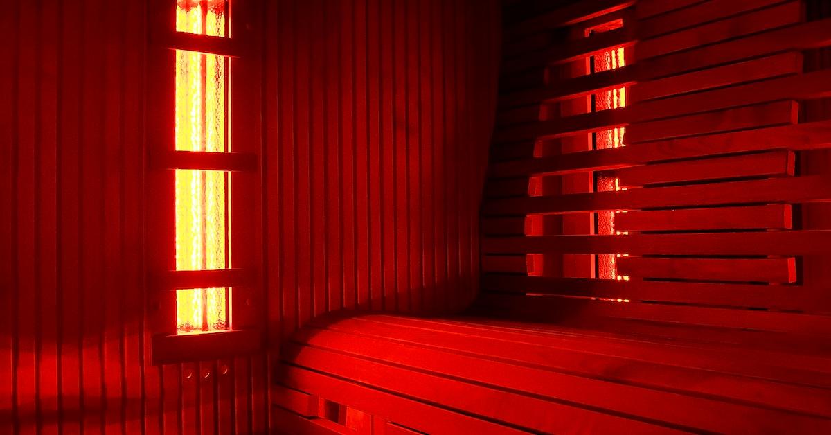 Infrared sauna lit up in red