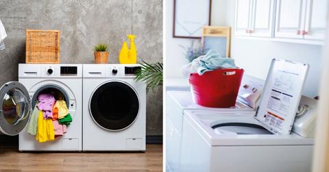 (L) A white front-load washing machine with the door open. (R) Laundry room with top-load washing machine. (Representative Cover Image Source: Getty Images | (L) FabrikaCr (R) Eyecrave productions)