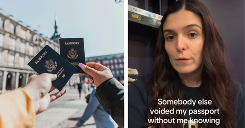 Two people hold their passports up while a woman says hers was voided without her knowledge