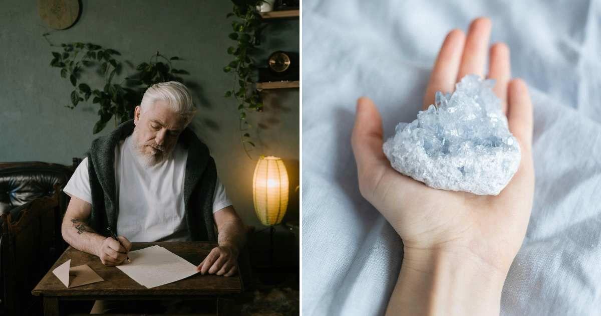 (L) An old man writing a letter. (R) A person holding a mineral rock in their hand. (Representative Cover Image Source: Pexels | (L) Cottonbro Studio, (R) Katerina Bolovtsova)