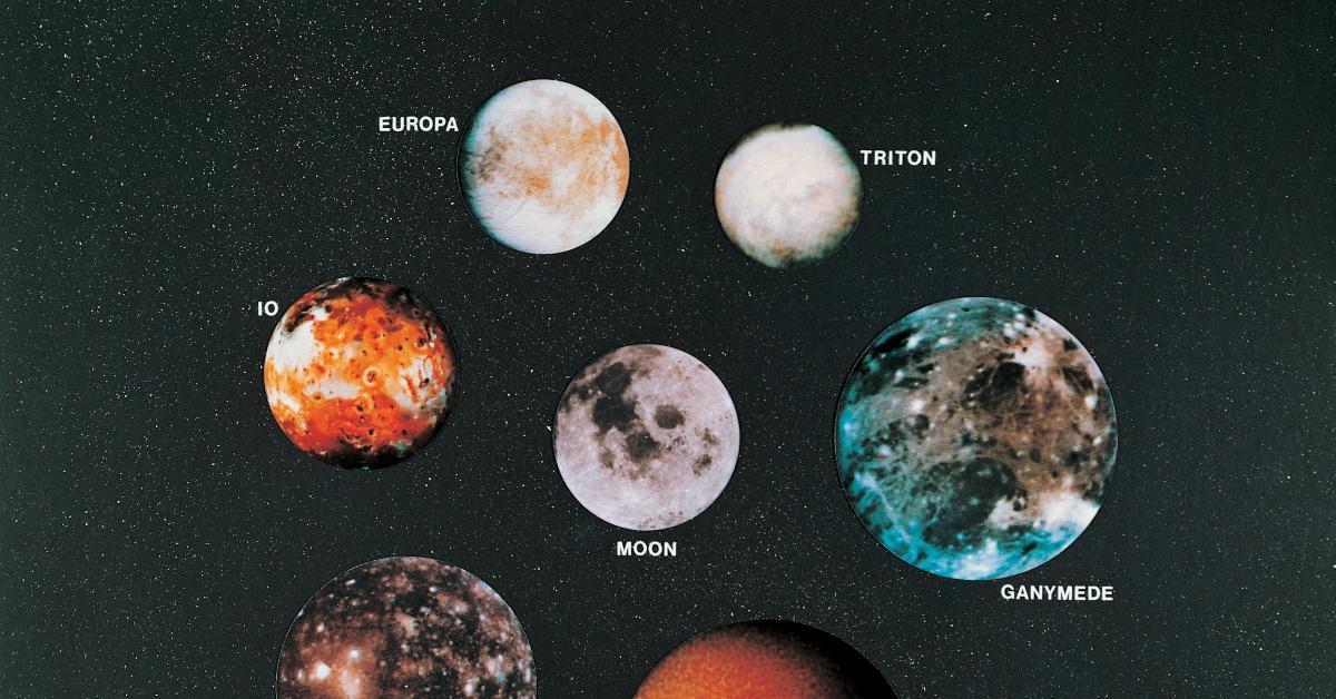 An illustration of a few of the moons orbiting Jupiter