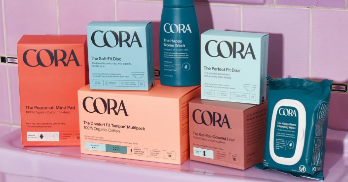 Cora mensural products on the back of a toilet seat