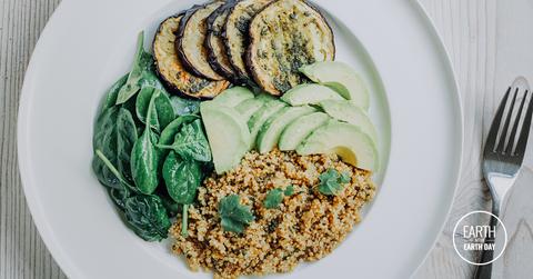 A plate with avocado, quinoa, eggplant slices, and steamed spinach.