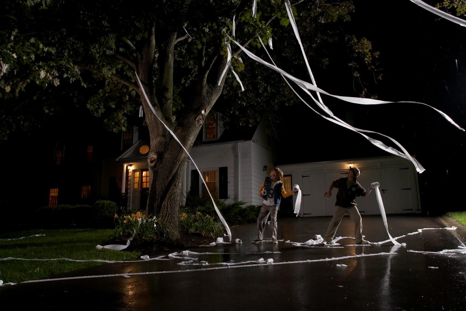 Two boys throwing toilet paper into a tree in front of a house at night.